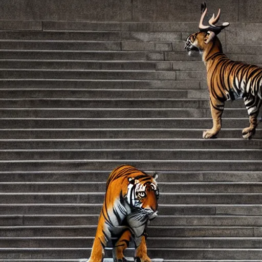 Prompt: a figure ties their shoelaces in a vast empty landscape on stairs next to a tiger catching a deer