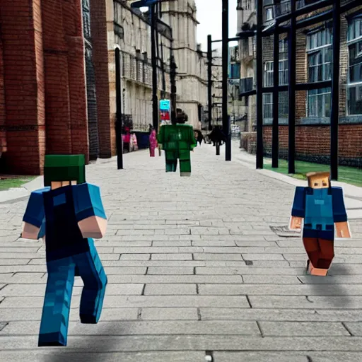 Image similar to photo of life like minecraft characters walking on london streets and scaring people