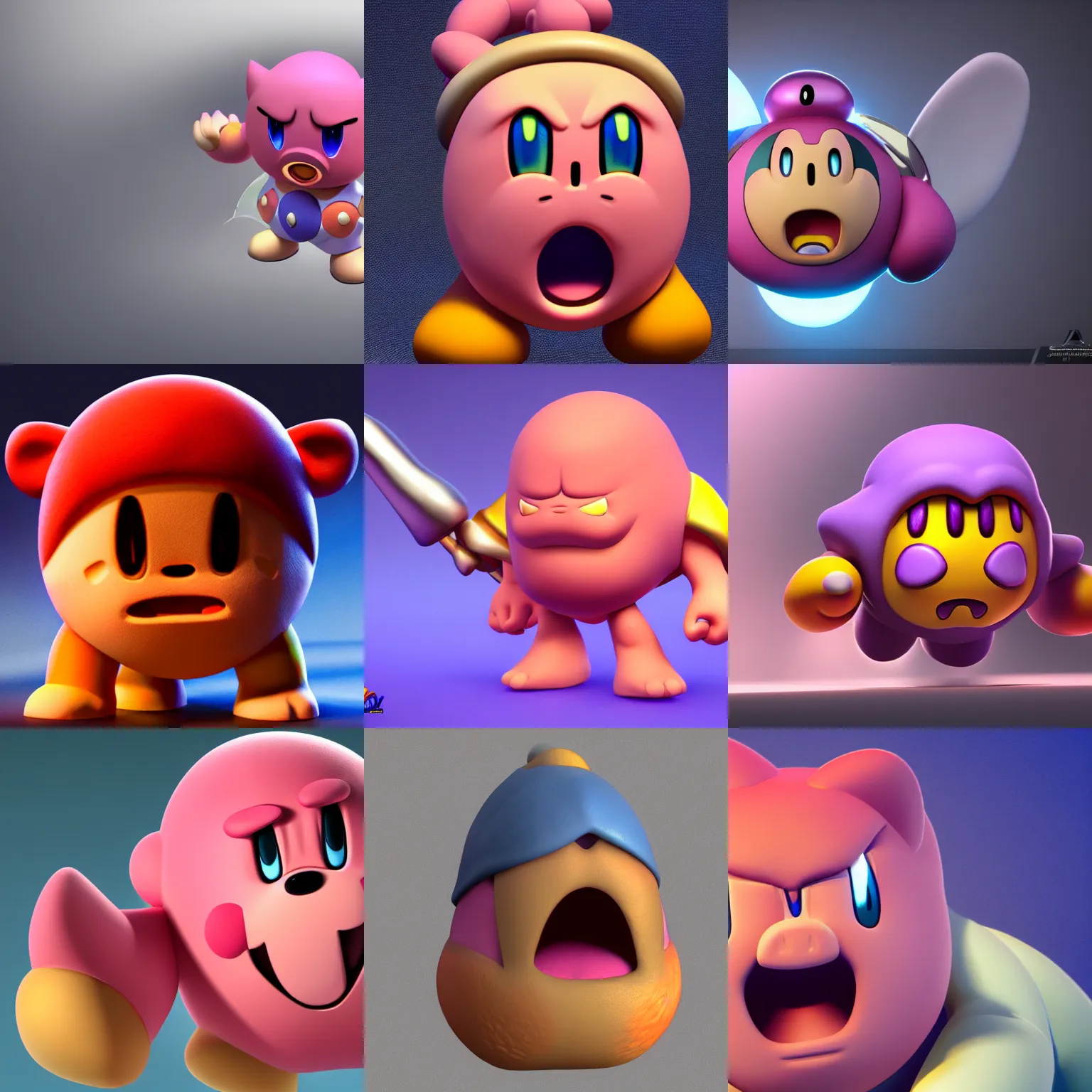 Prompt: Kirby is very angry, render, unreal, studio lighting, blender, trending on artstation, 8k, highly detailed