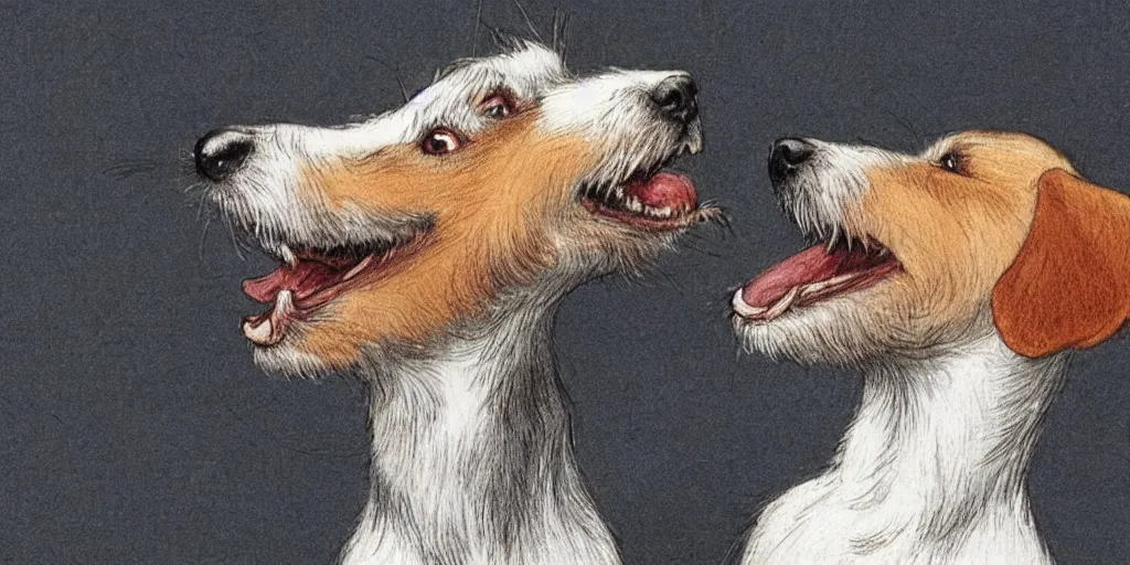 Image similar to jack russel dog looking up and howling with mouth open, highly detailed, side view, illustrated by peggy fortnum and beatrix potter and sir john tenniel