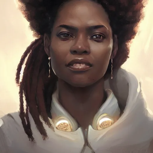 Image similar to Portrait of a woman by Greg Rutkowski, she is about 30 years old, mulato, afro hair, attractive, beautiful smile, beautiful look, she is wearing a futuristic lawyer outfit, highly detailed portrait, scifi, digital painting, artstation, concept art, smooth, sharp foccus ilustration, Artstation HQ