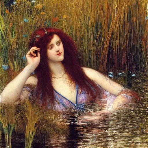 Image similar to breathtaking masterpiece of art, elizabeth eleanor siddall as ophelia floating on the water in wet flowing clothes amongst the reeds by william holman hunt and rosetti, 8 k