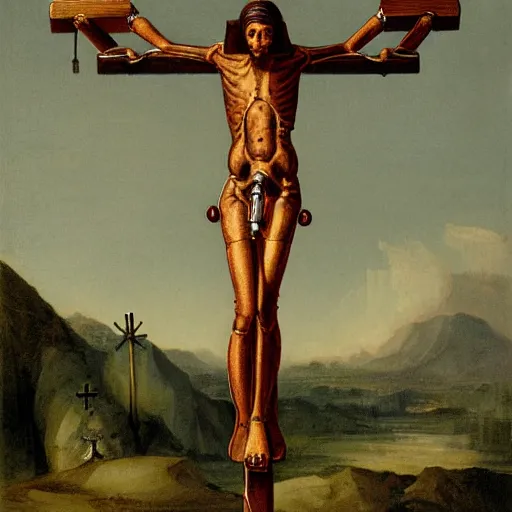 Prompt: robot crucified by matthias grunewald