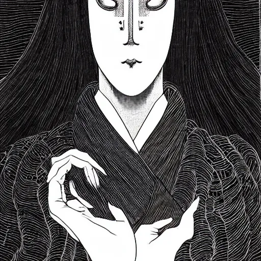 Prompt: takato yamamoto, perfectly symmetrical, bifurcated, 8 k, yurei - zu, witch ritual, nightmarish, junji ito, black and white, highly detailed illustration, macro