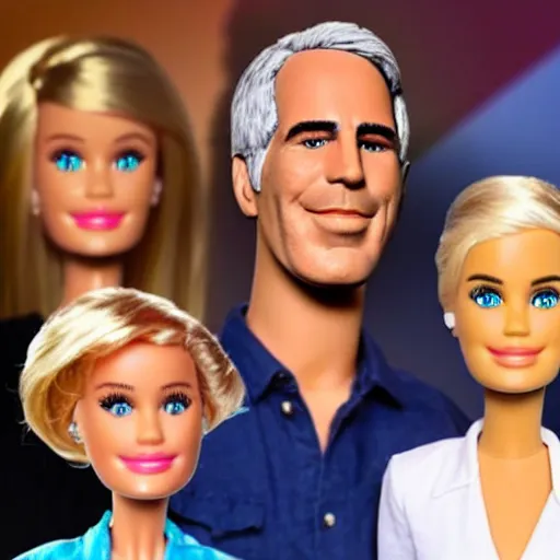 Prompt: barbie jeffrey epstein guest appearance on the elen degeneres show, plastic mannequins with cone shaped heads in the crowd, highly detailed facial expressions