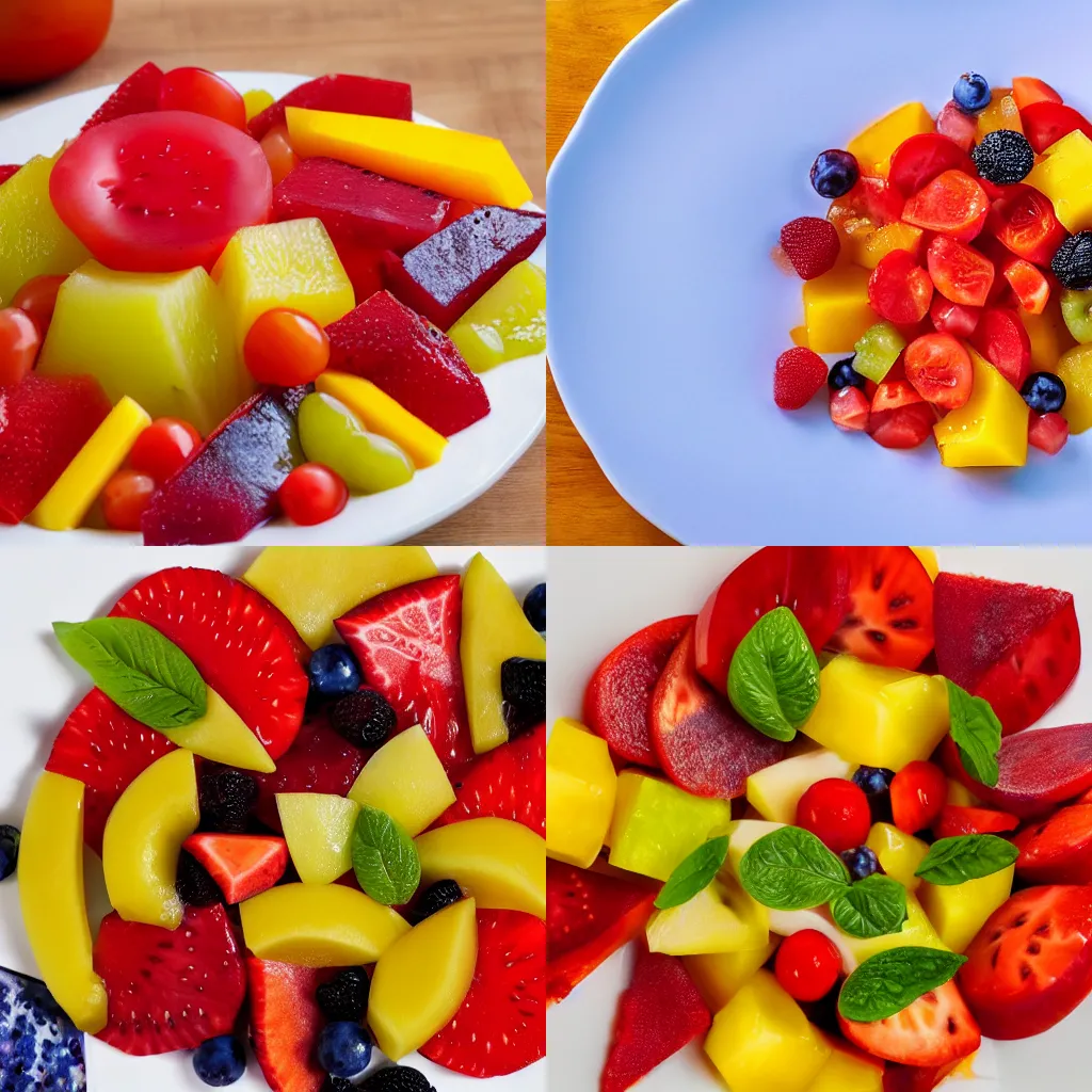 Prompt: fruit salad with tomato slices, michelin star restaurant, 4K photo