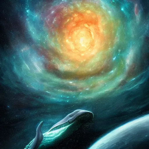 Prompt: i left the horizon curled and frozen still the tilting of the hourglass with all this time to kill, 4 k digital photo of a whale - like space leviathan, swirling luminous gouache nebula background, bryan skerry, douglas hoffman, bob eggleton, ultra detailed, behance contest winner, intricate, official art, super cool!!!