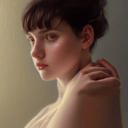 Image similar to portrait of a welsh teenage girl with brown hair, glowing skin, delicate features, amelie poulain, fantasy, intricate, elegant, dress shirt, highly detailed, digital painting, artstation, concept art, smooth, sharp focus, illustration, art by Krenz Cushart and Artem Demura and alphonse mucha