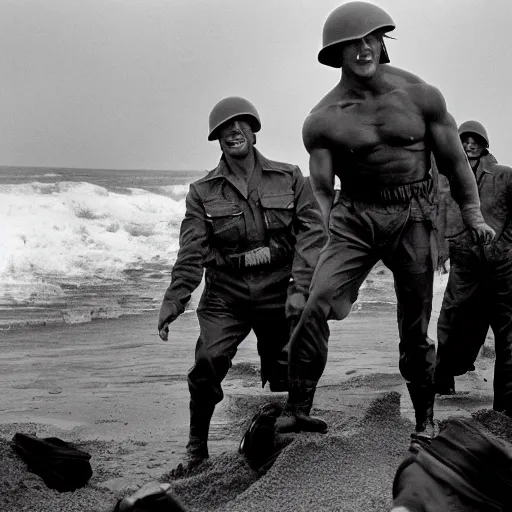 Image similar to sylvester stallone is storming the beach on D-Day, black and white historical photograph