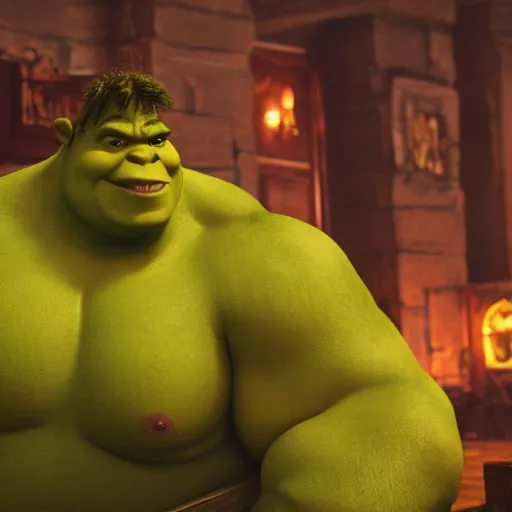 Prompt: shrek and the hulk are best friends, wide shot, dramatic lighting, octane render, hyperrealistic, HD