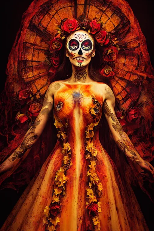 Image similar to heliography, virgin mary in dia de muertos dress and make up, horrific beautiful vibe, evocative, atmospheric lighting, painted, intricate, highly detailed, leesha hannigan, wayne haag, reyna rochin, ignacio fernandez rios, mark ryden, iris van herpen, stunning, gorgeous, sharp focus, cinematic, masterpiece