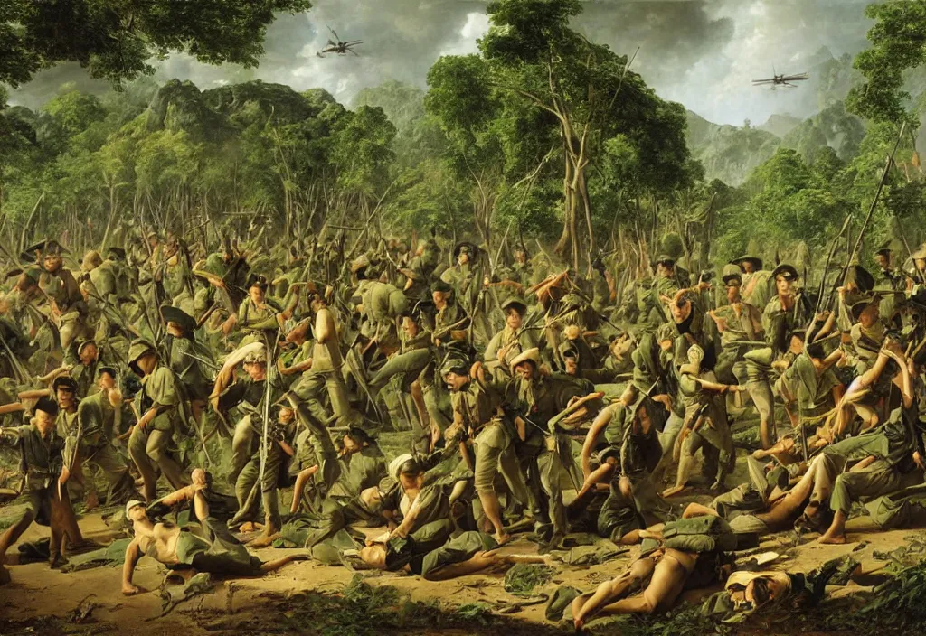 Prompt: vietnam war by jacques - louis david, green jungle, helicopters, battlefield