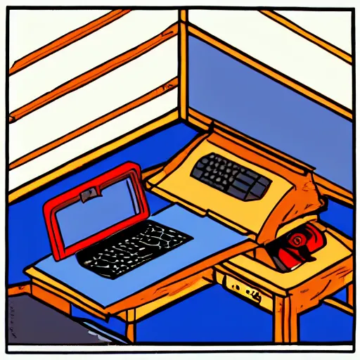 Prompt: a man wearing samurai armor using a vintage computer from 1 9 9 7 with a crt monitor, at his desk in his office, isometric view, illustration, graphic design