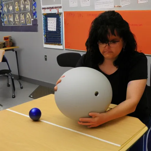 Image similar to teacher creating to - scale model of human eye for pedagogy purposes using bowling balls