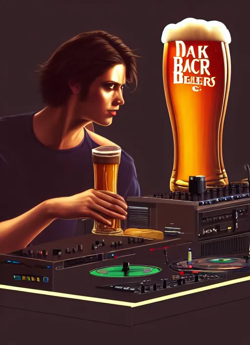 Prompt: image of large pint of beer and large technics dj table front of picture, in the backround man and a woman, dark backround, highly detailed, digital illustration, trending in artstation, modern painting, smooth, sharp focus, intricate, einar jonsson and bouguereau