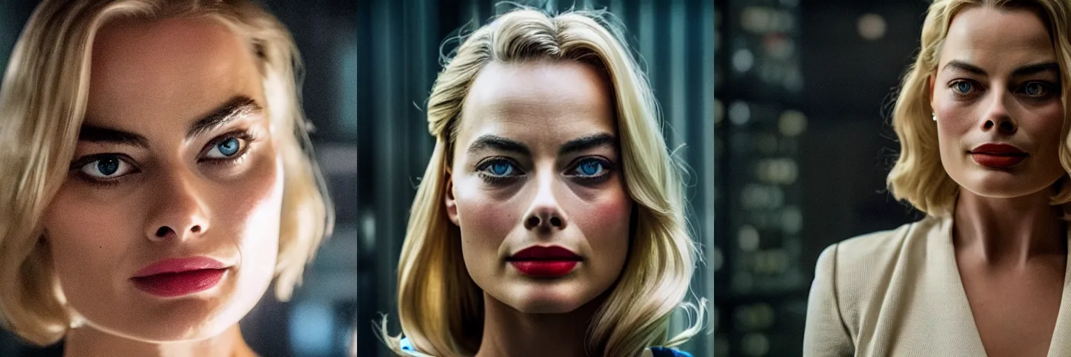 Prompt: close-up of Margot Robbie as a detective in a movie directed by Christopher Nolan, movie still frame, promotional image, imax 70 mm footage