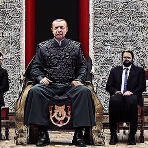 Prompt: recep tayyip erdoğan sitting on the iron throne