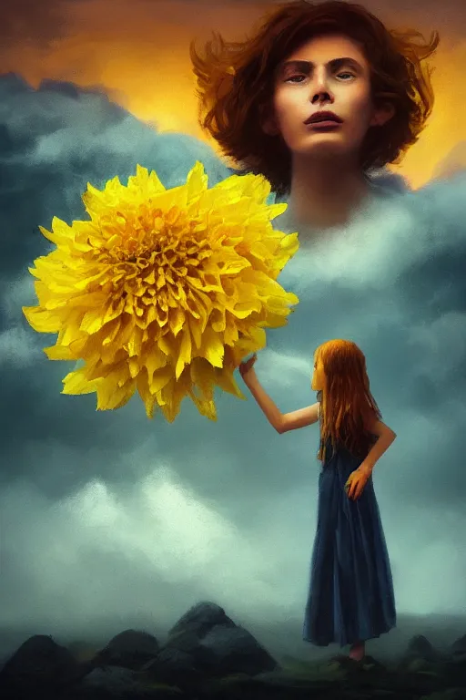 Image similar to closeup girl with giant yellow dahlia flower as a face, standing on mountain, surreal photography, blue storm clouds, dramatic light, impressionist painting, digital painting, artstation, simon stalenhag