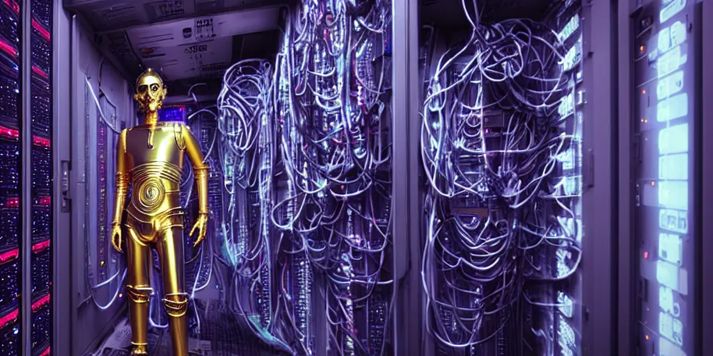 Image similar to c 3 po in big server room high details shot cyberpunk retrowave from movie