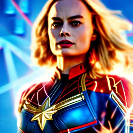 Prompt: Margot Robbie as real-life Captain Marvel, cinematic, Wide-shot, atmospheric lighting, directed by Quentin Tarantino, extreme detail, 8K, movie still