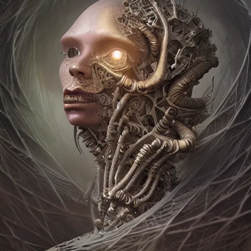 Prompt: a highly detailed photographic portrait of an alien, biomechanical sculpture, mandelbrot fractal, intricate, elegant, ornate, elegant, luxurious, beautifully lit, ray traced, octane 3D render in the style of Peter Mohrbacher and Peter Gric