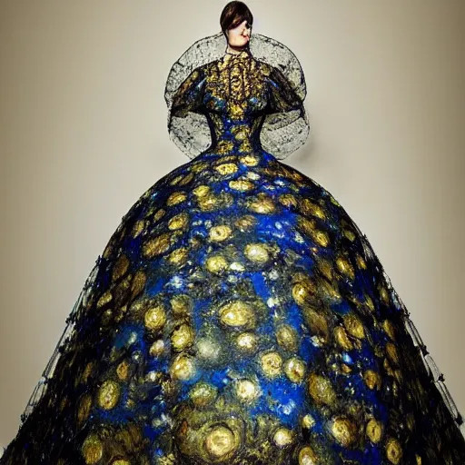 Image similar to Stunning photograph of a magnificent and extravagant ball gown designed after by Van Gogh's Starry Night. Fashion contest winning piece. Studio lighting