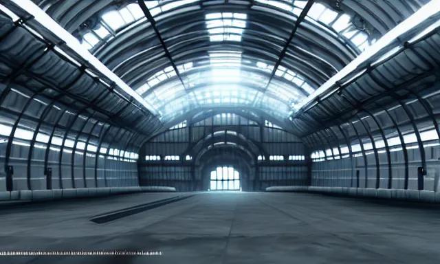 Prompt: matte painting, digital painting, high quality, unreal engine 5, a spaceship in hangar, symmetric