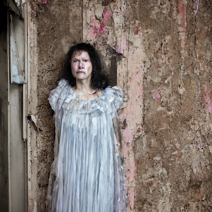 Image similar to a closeup portrait of a woman wearing a dress made of jelly fish and eels, standing in a derelict building, color photograph, by vincent desiderio, canon eos c 3 0 0, ƒ 1. 8, 3 5 mm, 8 k, medium - format print