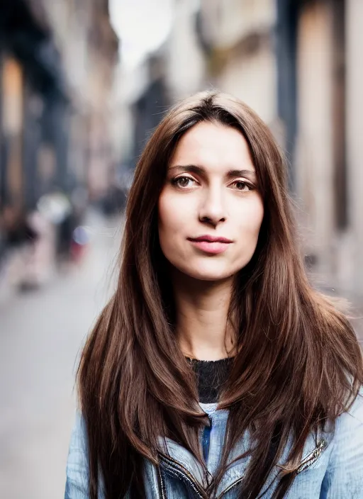 Image similar to color Close-up portrait of a beautiful, stylish, 30-year-old French woman street background, with long, straight hair, street portrait in the style of Mario Testino award winning, Sony a7R