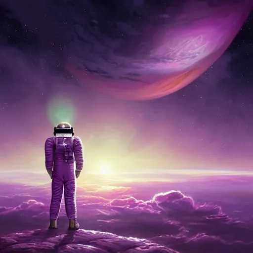 Image similar to epic portrait an astronaut standing on a lush purple world, sunset, giant purple sun, beauty, pretty clouds, digital painting, artstation, concept art, soft light, hdri, smooth, sharp focus, illustration, fantasy, intricate, elegant, highly detailed, D&D, matte painting, in the style of Greg Rutkowski and Alphonse Mucha and artemisia, 8k, highly detailed, jurgens, rutkowski, bouguereau, pastoral, rustic, georgic