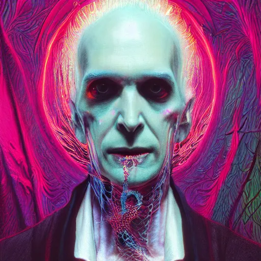 Image similar to Hyperdetailed psychedelic horror fantasy portrait of a vampire by Wayne Barlowe and Beeple, vivid color, album cover,