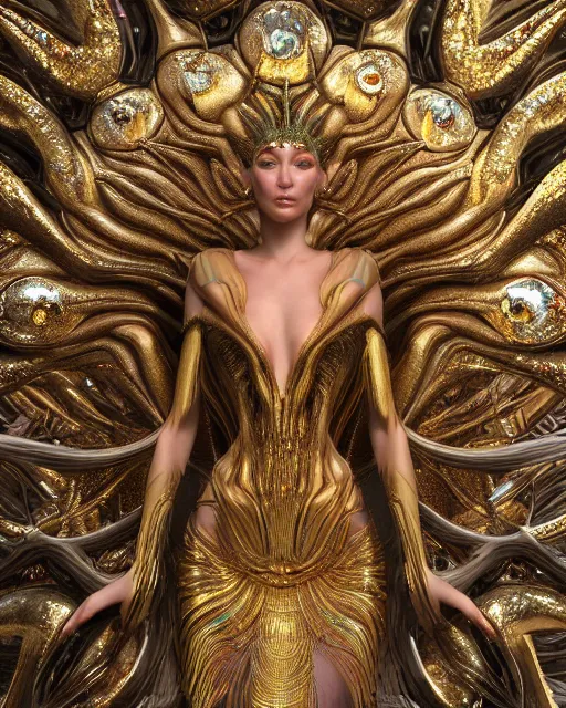 Prompt: a highly detailed metahuman 4 k close up render of an alien goddess bella hadid monument hydra in iris van herpen dress schiaparelli in diamonds crystals swarovski and jewelry iridescent in style of alphonse mucha gustav klimt trending on artstation made in unreal engine 4