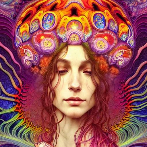 Image similar to An extremely psychedelic experience, reality bending, morphing, transforming, colorful, surreal, magic mushrooms, psilocybin, LSD, face, detailed, intricate, elegant, highly detailed, digital painting, artstation, concept art, smooth, sharp focus, illustration, art by Krenz Cushart and Artem Demura and alphonse mucha