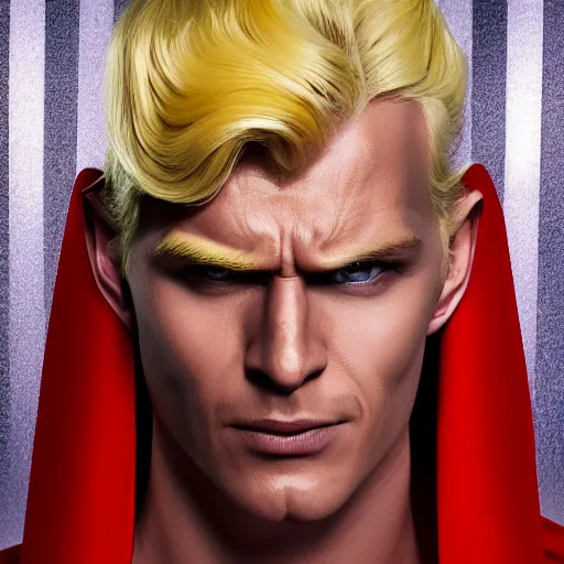 Prompt: portrait of a evil blonde superman two sides hair and thin face lines, his cape is the american flag, he is angry, 8 k, hyper realistic, movie imax shot, film, cinematography, red