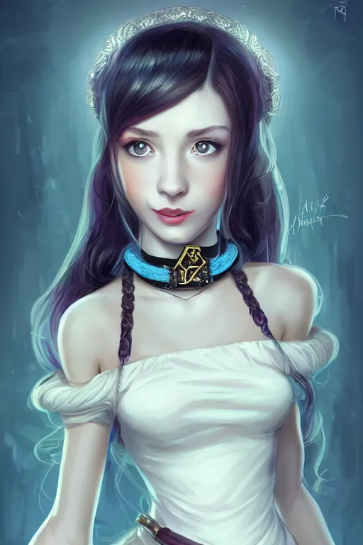 Image similar to portrait of a gorgeous young female artificer holding a strange device, looking at camera, D&D, choker on neck, stylish dress, mouth slightly open, cute slightly nerdy smile, very long flowing hair, intricate, elegant, stylish, fantasy, extremely detailed, digital painting, artstation, concept art, smooth, sharp focus, illustration, stunning lighting, art by artgerm and greg rutkowski and alphonse mucha and simon stalenhag