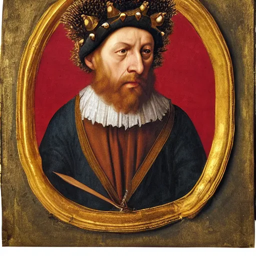 Image similar to a renaissance style portrait of a hedgehog king wearing a crown and a cape, dark background