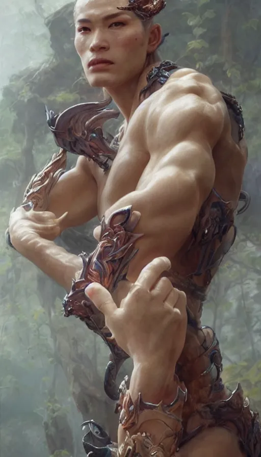 Image similar to epic masterpiece prince goro, sweaty skin, hyperrealistic, octane render, cinematic, beautiful face and flawless skin, perfect hands, 5 fingers, by Edgar Maxence and Ross Tran and Michael Whelan, Legends of Runeterra