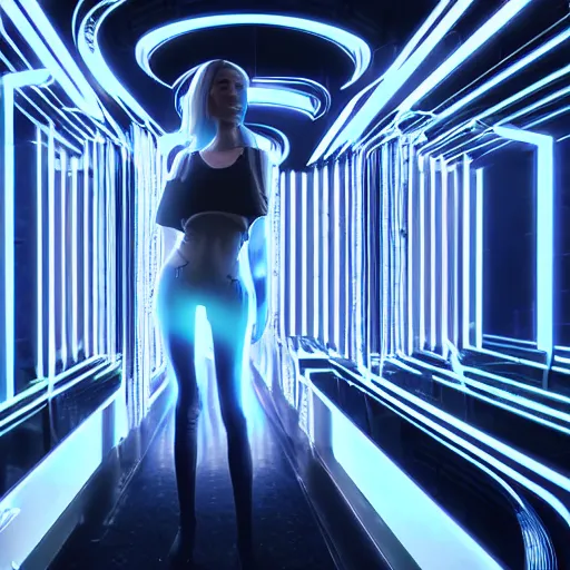 Image similar to chromatic cyborg female discovering her own consciousness in a mirror maze (Unreal Engine, 3D, Reflections, Glossy, Hyer-Realistic, Futuristic, Noise, Gradient)