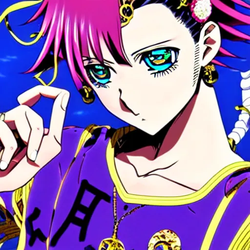 Image similar to Anime key visual of a Versace girl; official media; typography; drawn by Hirohiko Araki; Jojo's Bizarre Adventure; Jojolion