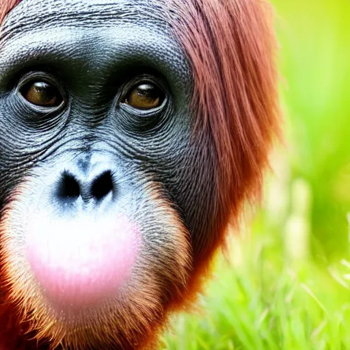 Prompt: pink adult orangutan wearing a pearl necklace and a tiara sat in a field of grass. close up, photograph 4 k