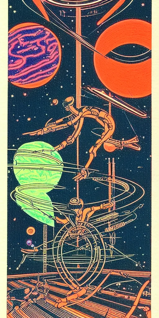 Image similar to 1968 science fiction tarot card, cut out collage, neon Roman, spring on Saturn, epic theater, deep sea, mountain plants, drawings in part by moebius, part by Ernst Haekl, text by William S Boroughs