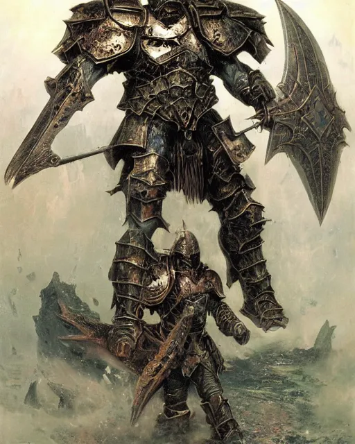 Image similar to a heavily armoured warhammer chaos warrior, by Thomas Cole and Wayne Barlowe