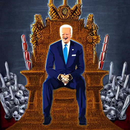 Prompt: Joe Biden sitting on a throne of skulls, digital painting