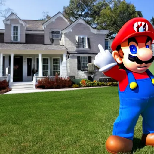 Image similar to bootleg super mario costumed man standing in front of an american house