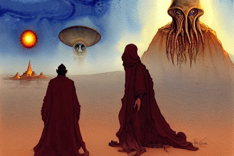 Image similar to a hyperrealist watercolour character concept art portrait of a middle eastern merchant keeling down in prayer in front of a lovecraftian alien with 1 2 eyes on a misty night in the desert. a ufo is in the background. by rebecca guay, michael kaluta, charles vess and jean moebius giraud