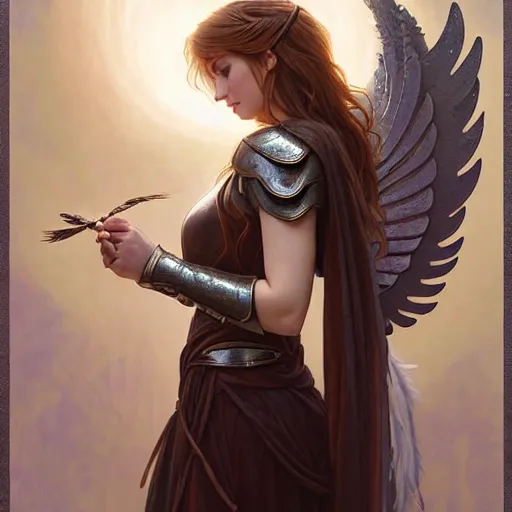 Image similar to portrait of young aasimar angel girl maiden wearing comfy leather armor with beautiful feathered angel wings, cute face, brown eyes, Alison Williams, Emma Roberts, by artgerm and greg rutkowski and alphonse mucha and andrei riabovitchev and Rossdraws and Bluesssatan and Mandy Jurgens and Stjepan Sejic, 4k oil on linen, vivid colors, colorful, photorealistic, high dynamic range, HDR, intricate, elegant, highly detailed, digital painting, artstation, concept art, smooth, sharp focus, illustration, mid-shot, medium shot, hyperdetailed