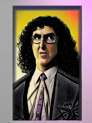 Image similar to weird al as a wizard, serious expression, in the style of frank frazetta