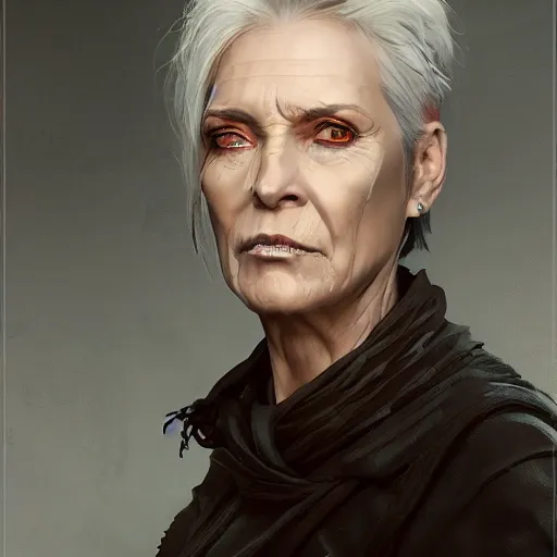 Prompt: portrait of the woman called ss - kerstin. she is 6 0 years old and has strange short spiky gray hair. she is the general of hate. detailed digital art by greg rutkowski, thomas kinkade and keith parkinson, artstation, cgsociety, 8 k, hd