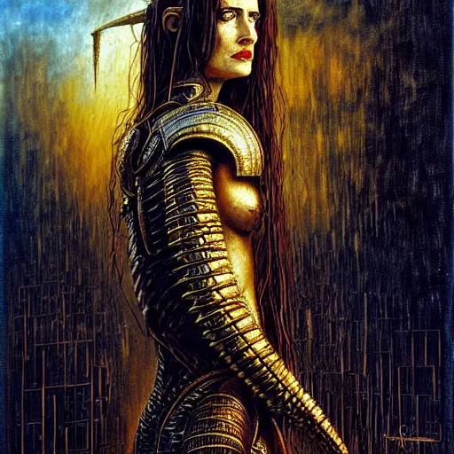 Image similar to eva green as warrior queen, atmospheric lighting, painted, intricate, golden and blue hour, ultra detailed by peter gric, giger, enki bilal