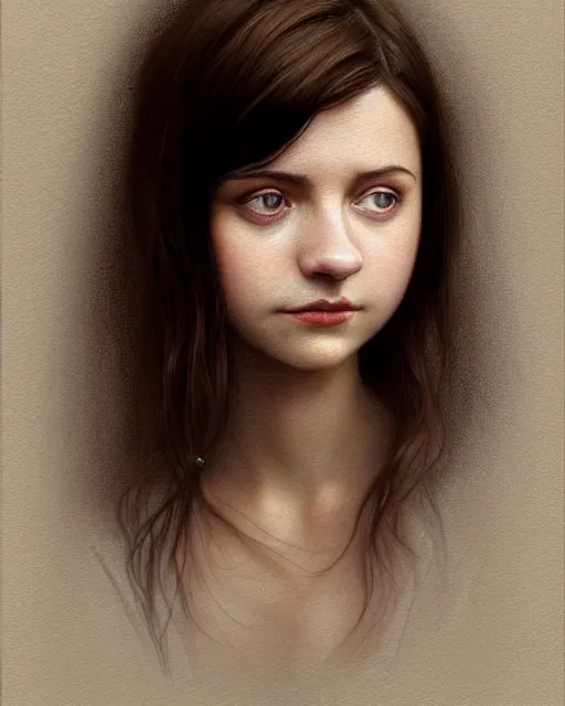 Image similar to portrait of a welsh teenage girl with brown hair, dark brown eyes, glowing skin, delicate features, quiet beauty, amelie poulain, young Mary Louise Parker, fantasy, intricate, elegant, dress shirt, highly detailed, digital painting, artstation, concept art, smooth, sharp focus, illustration, art by Krenz Cushart and Artem Demura and alphonse mucha